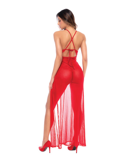 Dotted Lace & Mesh Maxi Dress w/High Side Slit & Thong - Red L/XL by Mapale