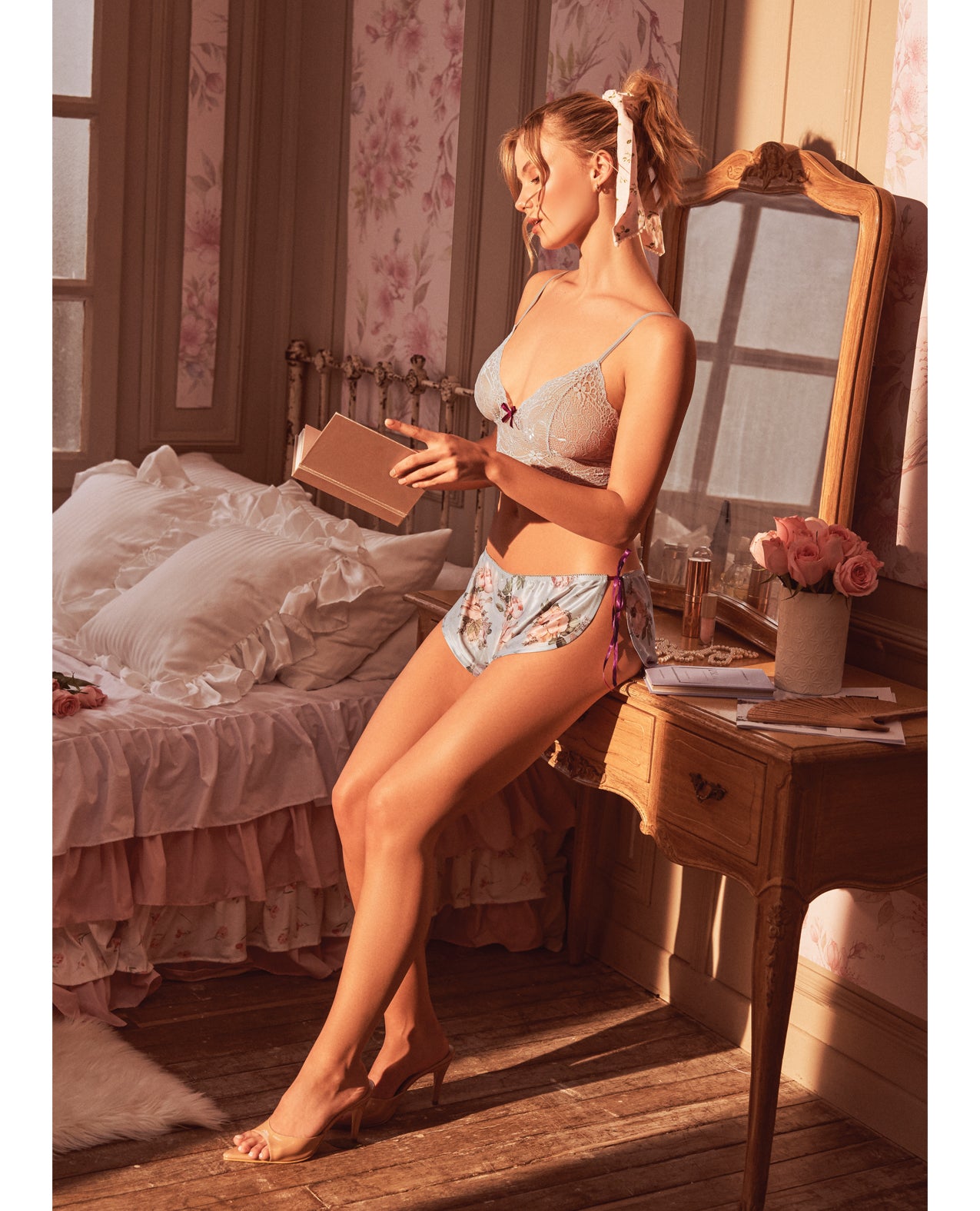 Lace Bralette w/Satin Floral Shorts - Silver Bloom S/M by Mapale