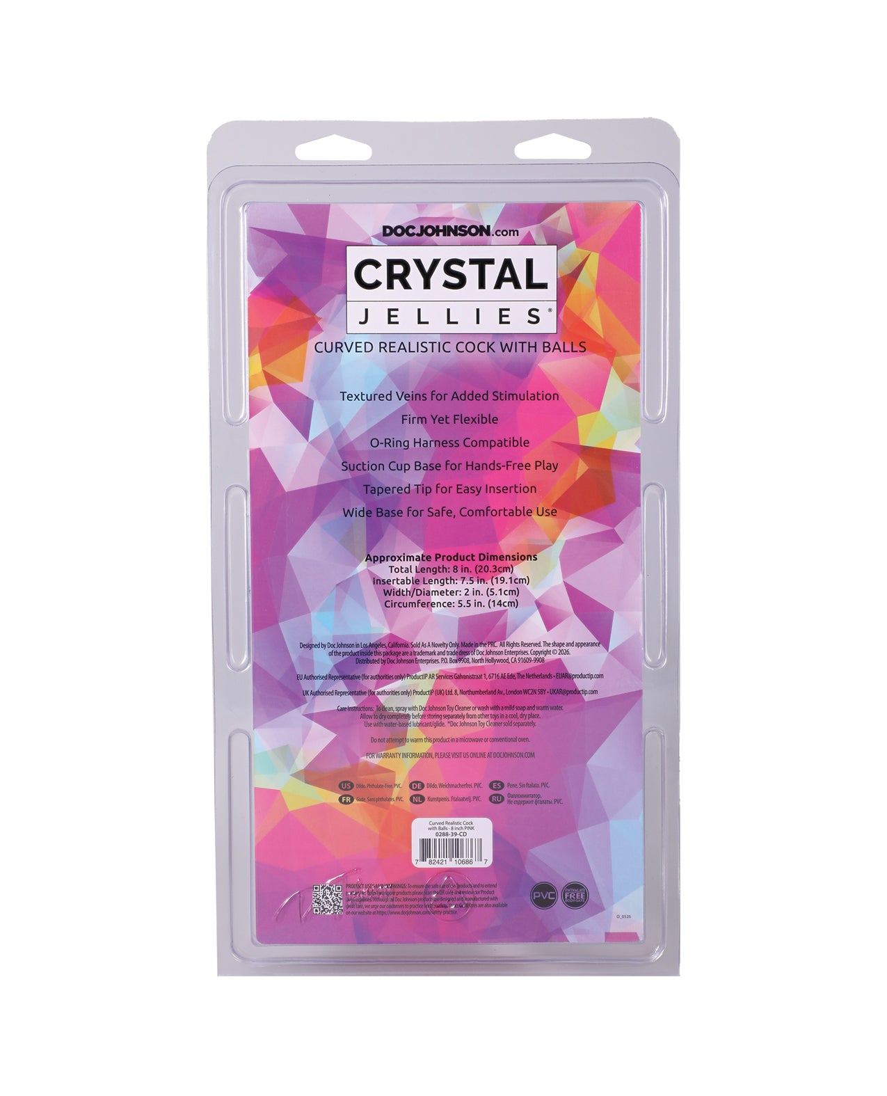 Crystal Jellies 8" Curved Realistic Cock w/Balls - Pink by Crystal Jellies