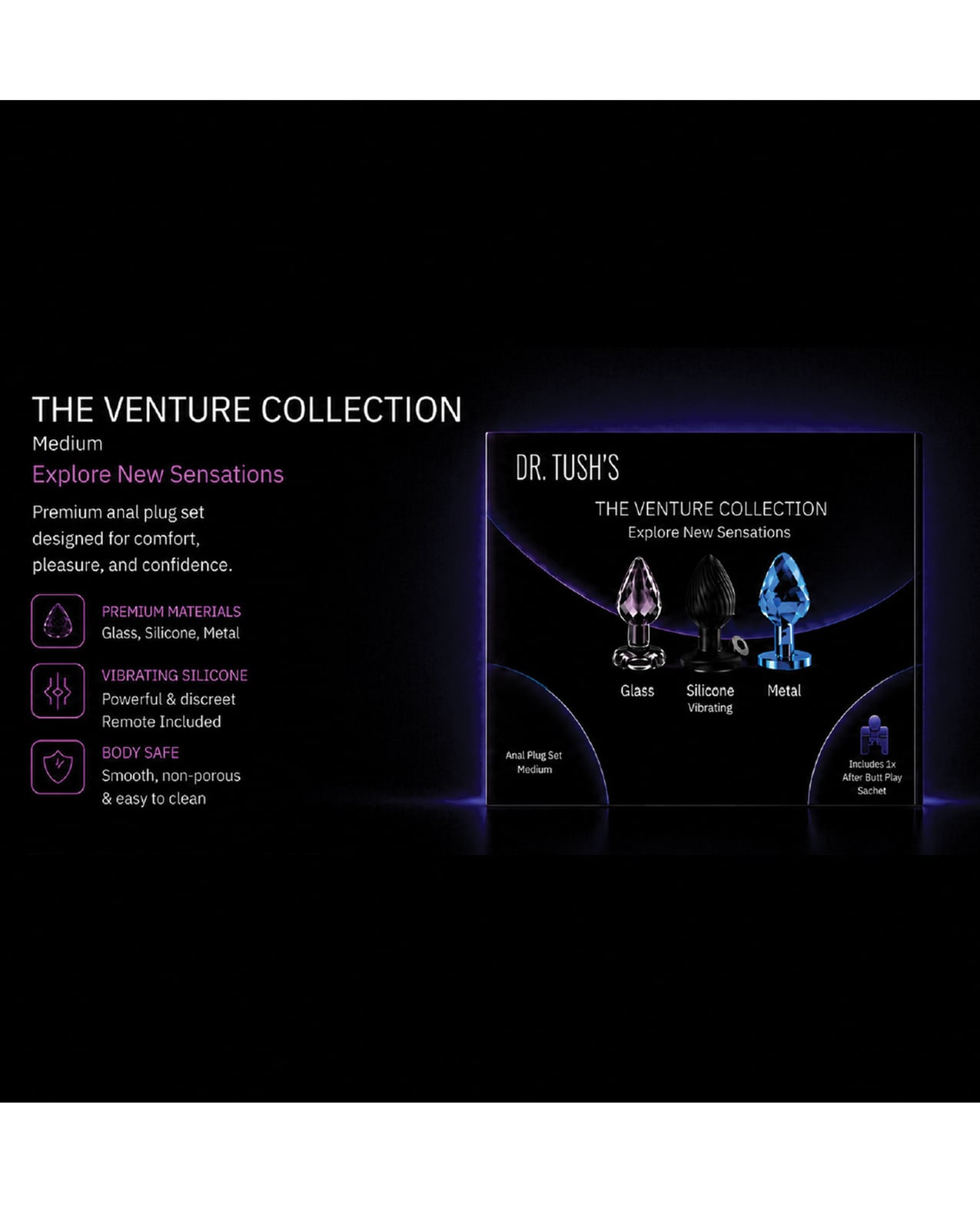 Dr. Tush's Venture Collection Medium Anal Plug Set - Glass, Metal, Silicone by Dr. Tush's