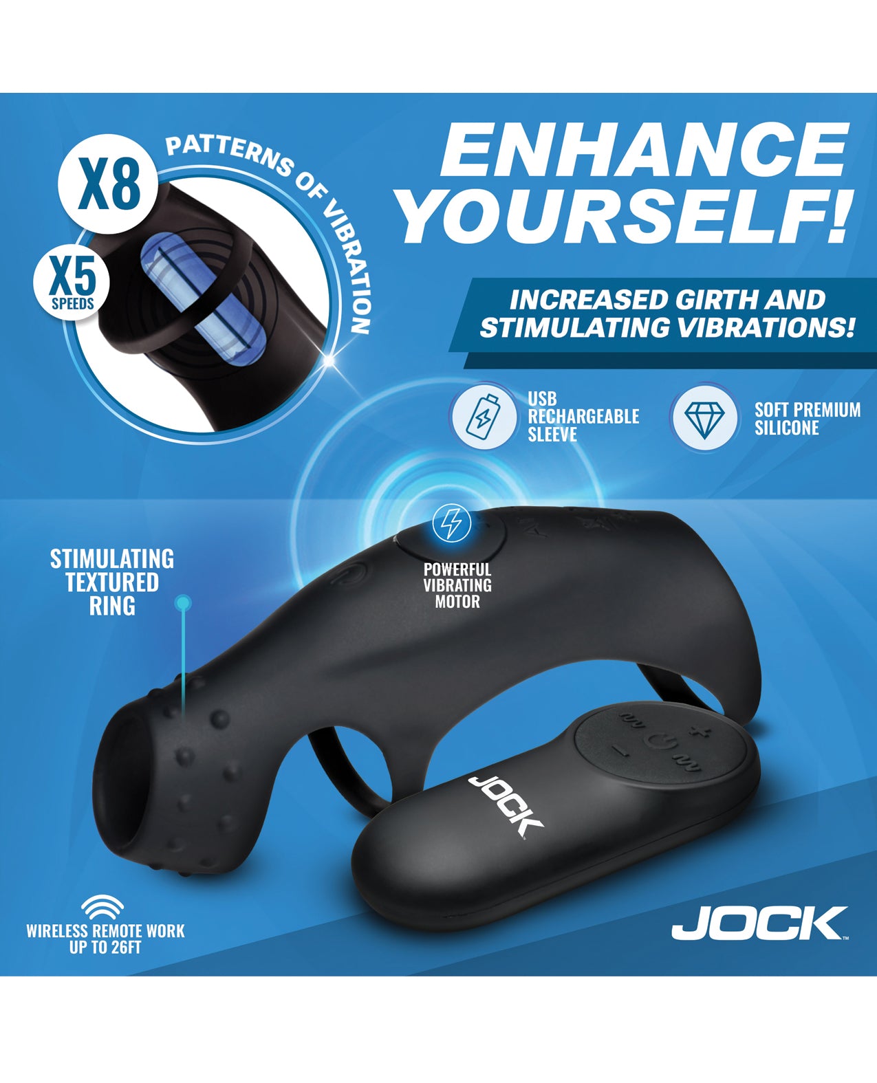Curve Toys Jock Enhancers Rush Vibrating Penis Sleeve C-Ring w/Remote by Jock