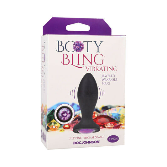 Booty Bling Jeweled Wearable Vibrating Silicone Plug 3 in. Purple by Doc Johnson