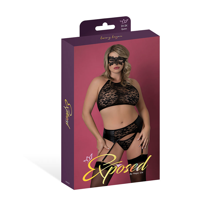 Magic Silk Sinful Halter Bra, Garter, Panty & Mask Set Black Queen Size by Magic Silk