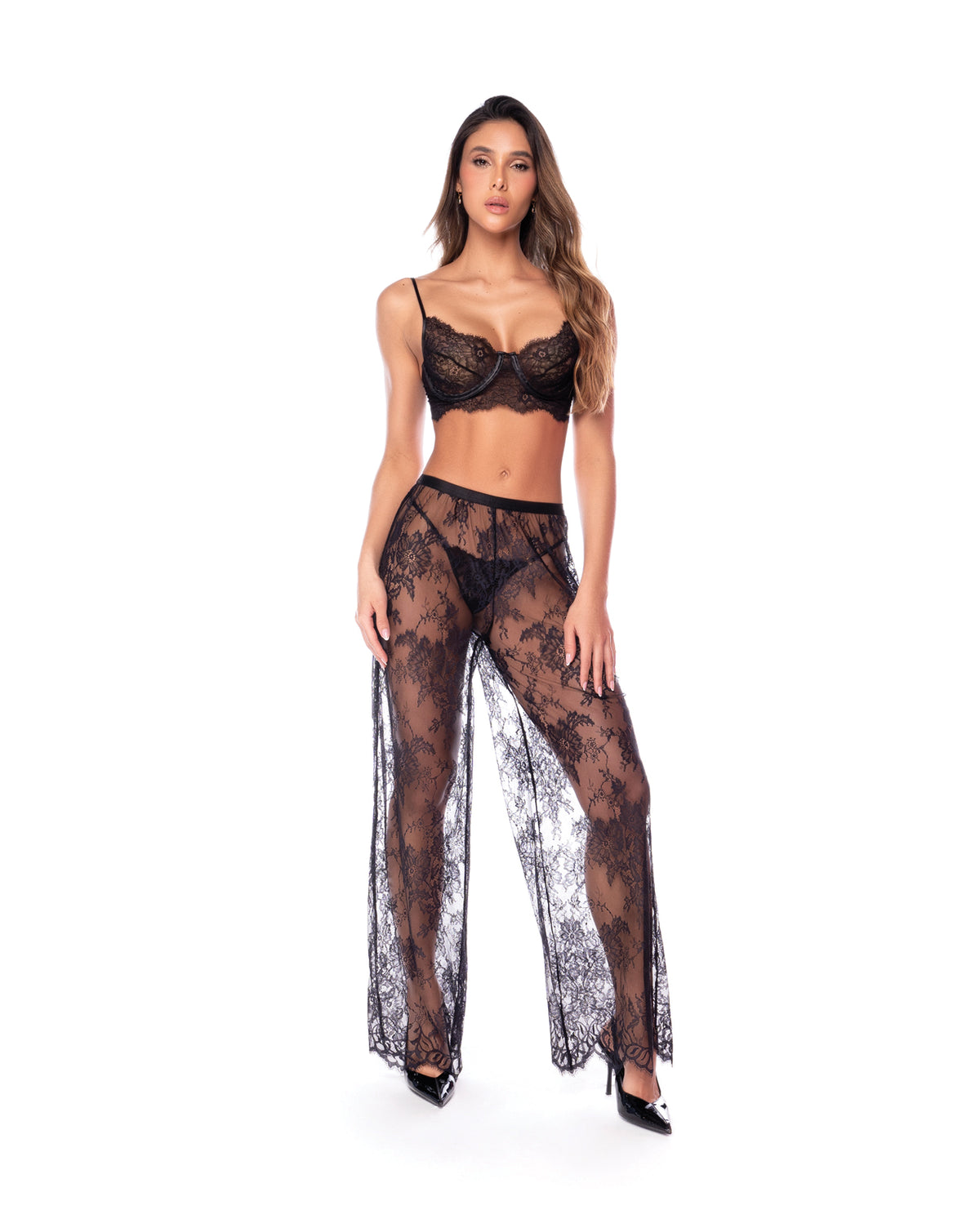 Underwire Lace Bra, Lace Wide Leg Pants, & Thong 3 pc Set - Black SM by Mapale