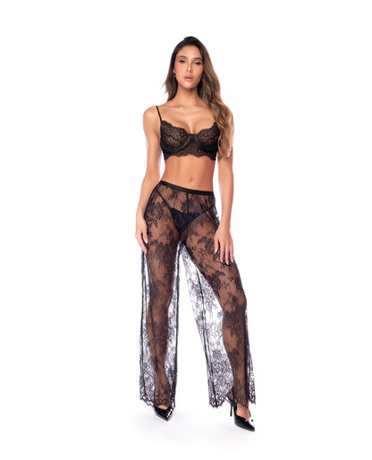Underwire Lace Bra, Lace Wide Leg Pants, & Thong 3 pc Set - Black SM by Mapale