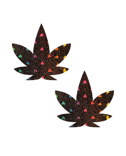 Neva Nude Holographic Heart Glitter Weed Leaf Pasties - Black/Red O/S by Neva Nude