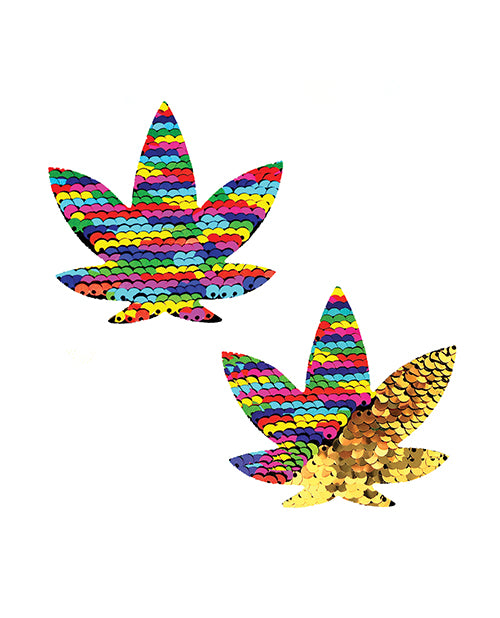Neva Nude Funfetti Flip Sequin Dope AF Weed Leaf Pasties - Rainbow/Gold O/S by Neva Nude