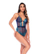 Risk the Feeling Sheer Lace & Mesh Bodysuit w/Back Tie Detail & Snap Crotch - Midnight Blue L/XL by Mapale