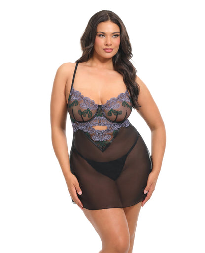 Jenna Floral Embroidered Mesh Unlined Underwire Babydoll w/Keyhole Details & Thong - Purple/Black 1X by Oh La La Cheri