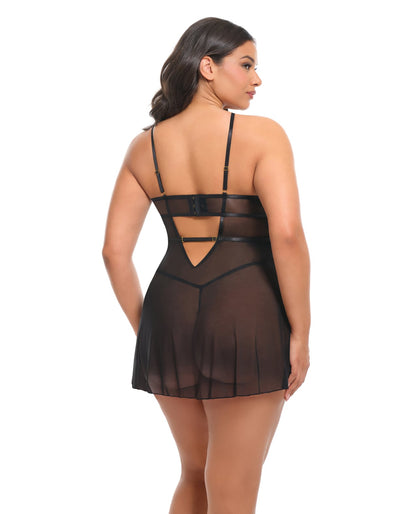 Jenna Floral Embroidered Mesh Unlined Underwire Babydoll w/Keyhole Details & Thong - Purple/Black 1X by Oh La La Cheri