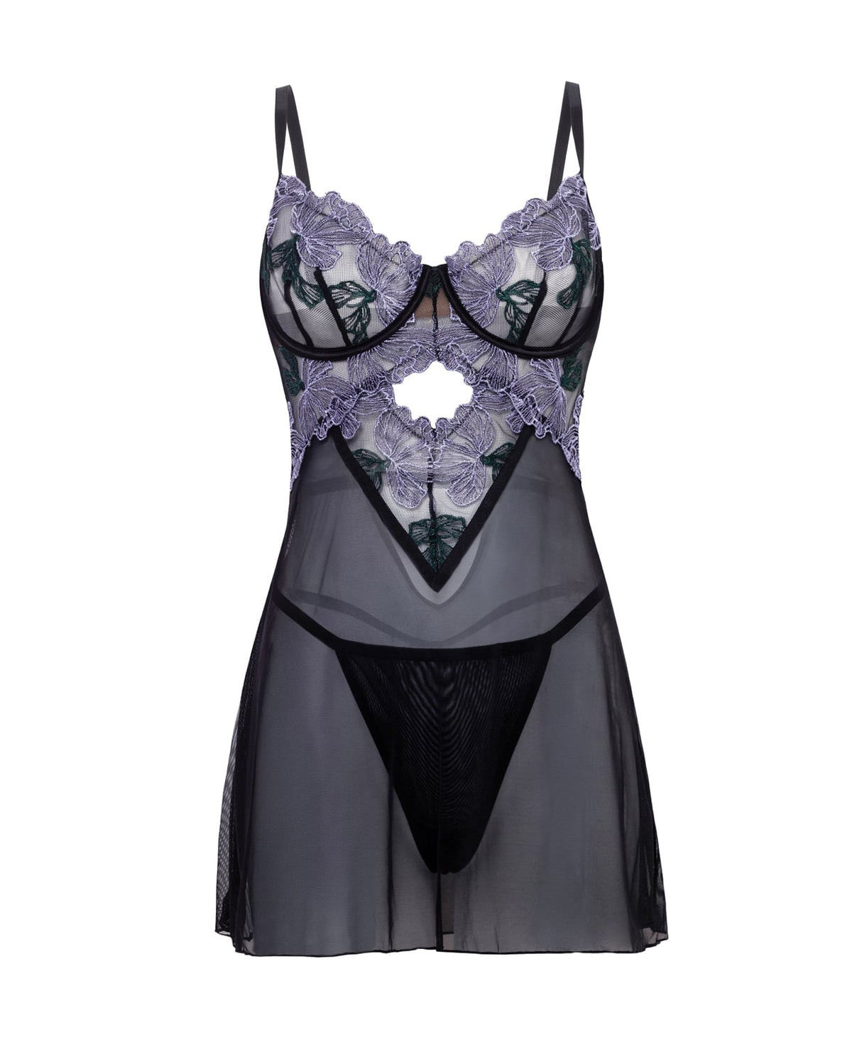 Jenna Floral Embroidered Mesh Unlined Underwire Babydoll w/Keyhole Details & Thong - Purple/Black 1X by Oh La La Cheri