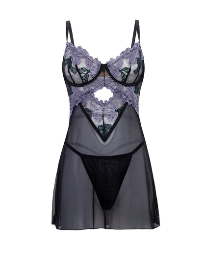 Jenna Floral Embroidered Mesh Unlined Underwire Babydoll w/Keyhole Details & Thong - Purple/Black 1X by Oh La La Cheri