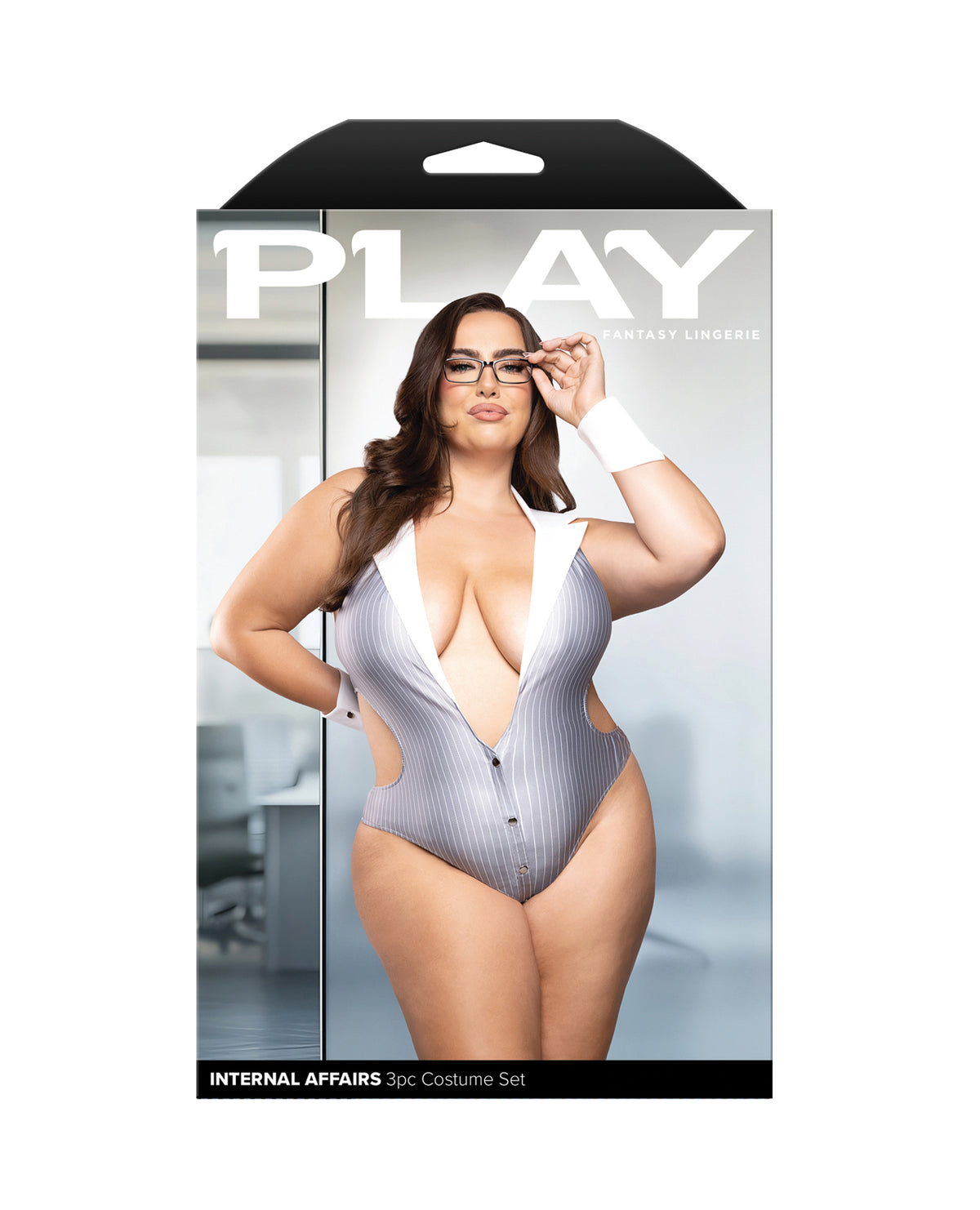 Internal Affairs Pinstriped Plunge Cut-Out Teddy w/Wrist Cuff & Black Framed Glasses - Grey 3X/4X by Play by Fantasy Lingerie