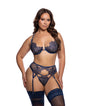 Shimmering Floral Embroidered Underwire Bra, Panty, & Garter Straps 3 pc Set - Navy 1X by Roma Confidential