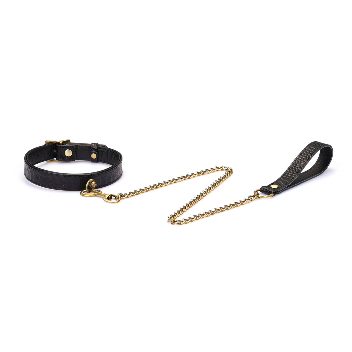 Crocodile Noir: Black Leather Collar with Chain Leash