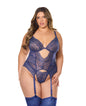 Metallic Stretch Lace & Mesh Underwire Bustier & Thong w/Adjustable Garters - Navy 3X/4X by Coquette