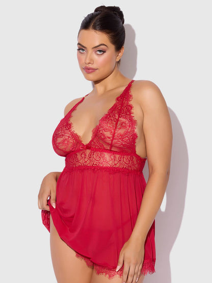 MILA EYELASH LACE & MESH BABYDOLL & G-STRING SET by House of Desire
