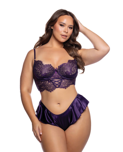 Lace Bralette w/Crisscross Detail & Satin Ruffle Shorts 2 pc Set - Purple 1X by Roma Confidential