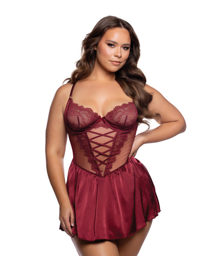 Lace & Satin Babydoll w/Crisscross Detail - Wine 2X by Roma Confidential