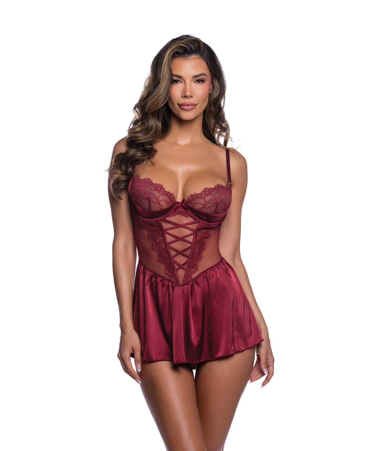 Lace & Satin Babydoll w/Crisscross Detail - Wine XS by Roma Confidential