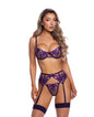 Shimmering Floral Embroidered Underwire Bra, Panty, & Garter Straps - Purple XS by Roma Confidential