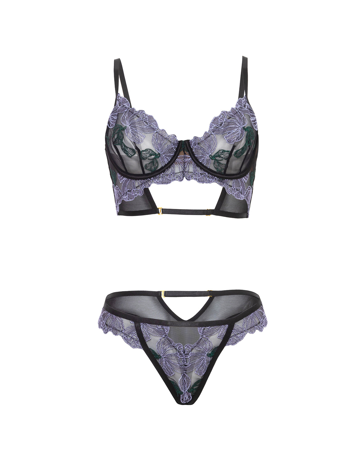 Jenna Floral Embroidered Mesh Unlined Underwire Bra & Panty 2 pc Set - Purple/Black XL by Oh La La Cheri