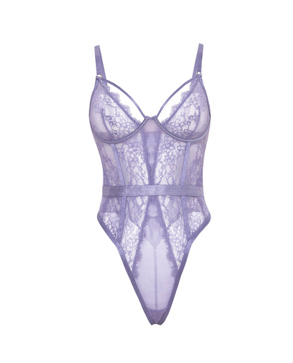 Martina Laced & Mesh Unlined Underwire Teddy w/Strap Detail - Purple Haze S/M by Oh La La Cheri