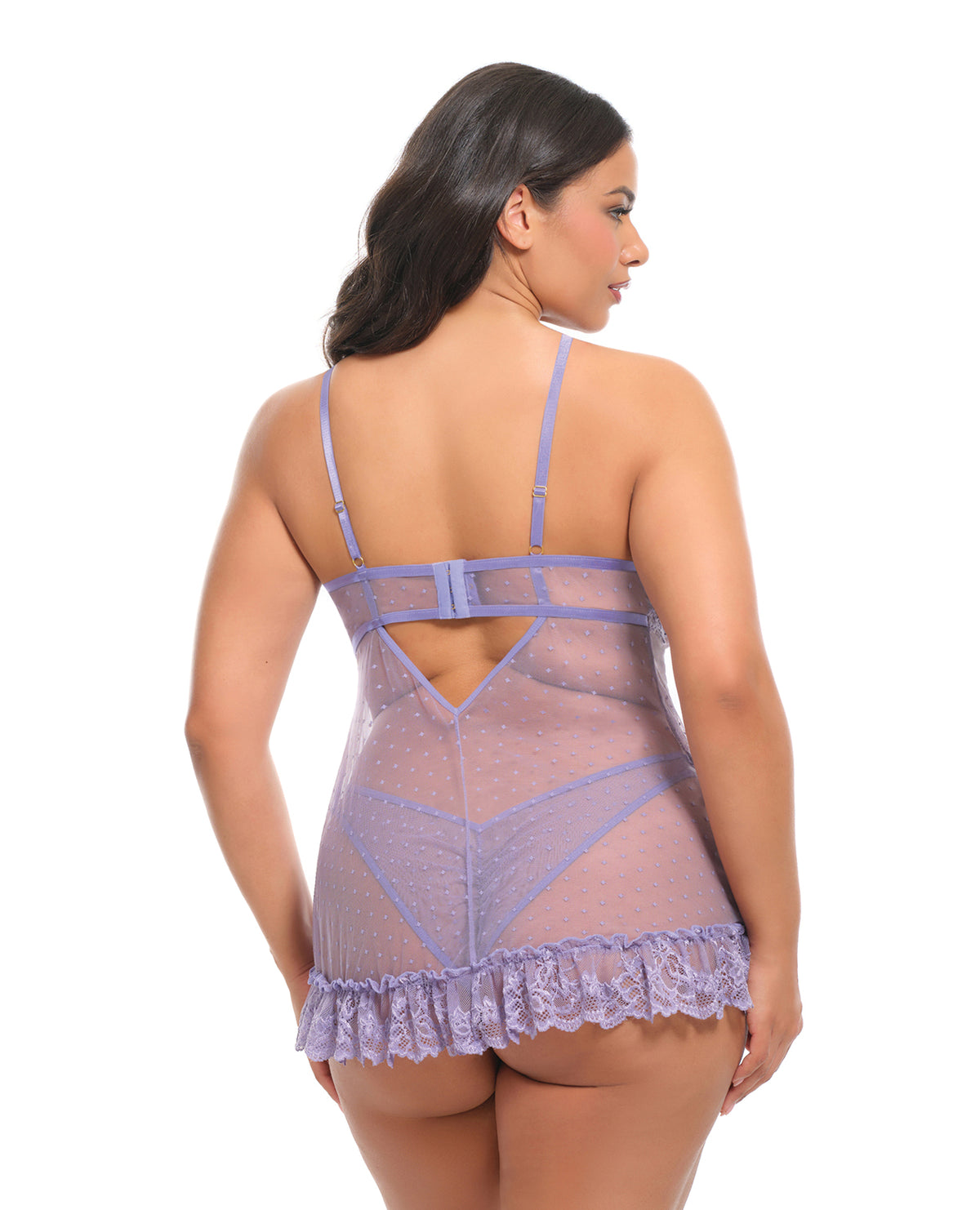 Amira Lace & Mesh Unlined Underwire Pin Dot Babydoll w/Panty - Purple Haze 1X/2X by Oh La La Cheri