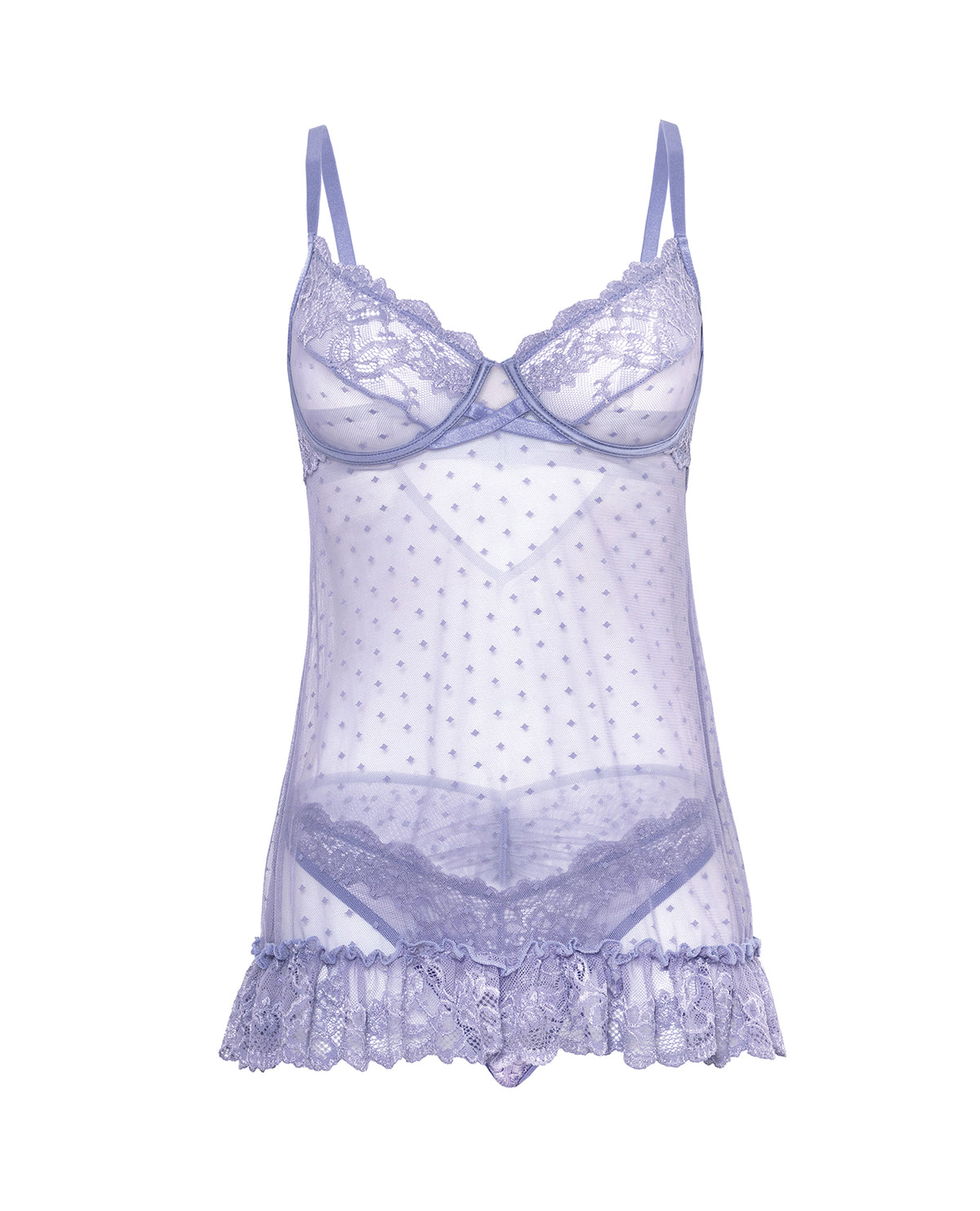 Amira Lace & Mesh Unlined Underwire Pin Dot Babydoll w/Panty - Purple Haze 1X/2X by Oh La La Cheri