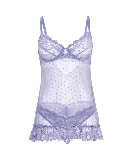 Amira Lace & Mesh Unlined Underwire Pin Dot Babydoll w/Panty - Purple Haze 1X/2X by Oh La La Cheri