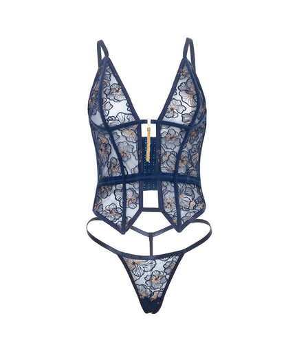 Bleu Floral Embroidered Boned Bustier w/Chain Tassel & G-String - Navy SM by Oh La La Cheri