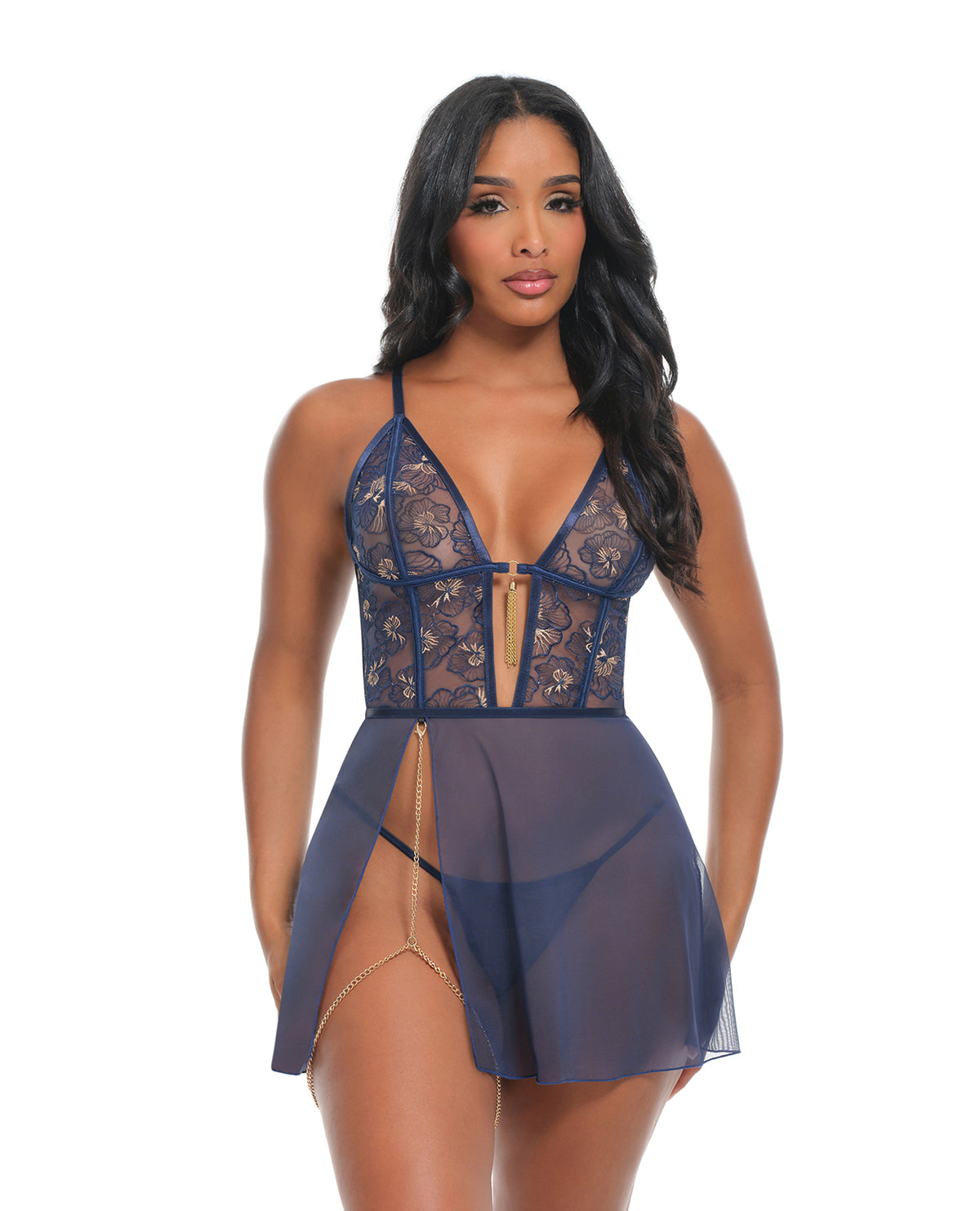 Bleu Floral Embroidered V-Plunge Babydoll w/Chain Tassel, Chain Garter, & G-String - Navy MD by Oh La La Cheri