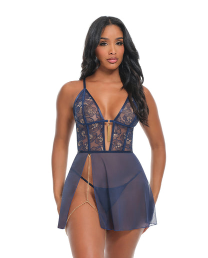 Bleu Floral Embroidered V-Plunge Babydoll w/Chain Tassel, Chain Garter, & G-String - Navy XL by Oh La La Cheri