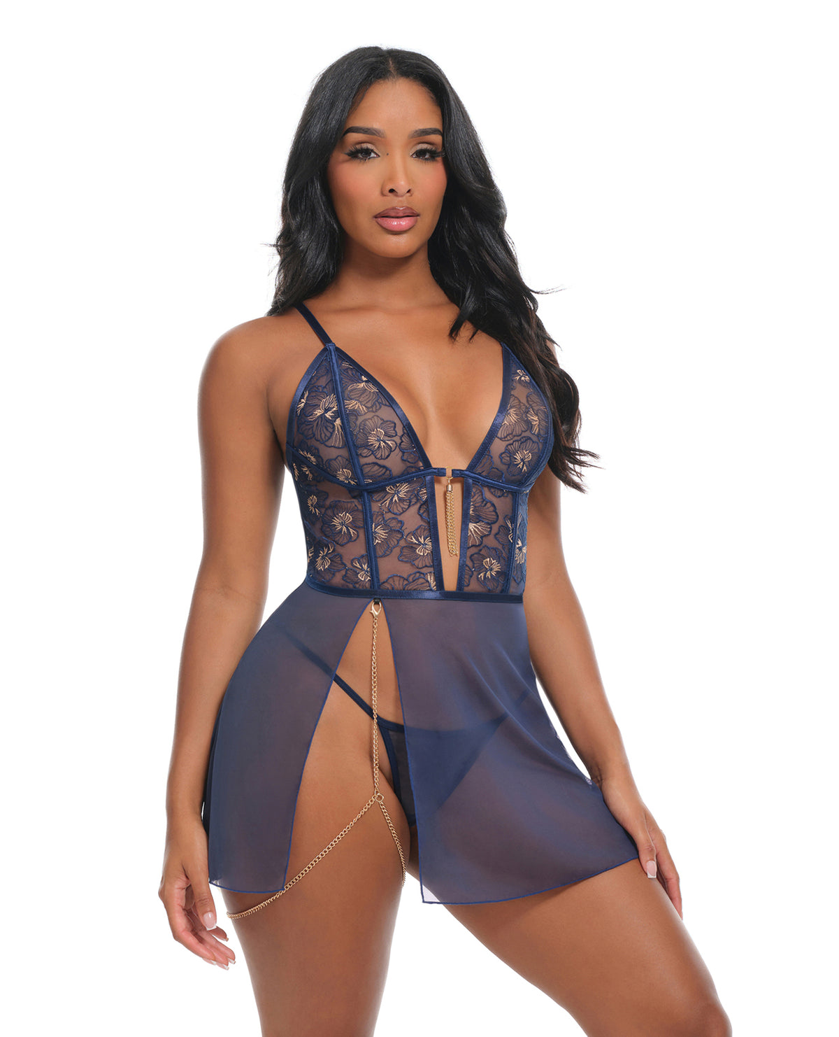 Bleu Floral Embroidered V-Plunge Babydoll w/Chain Tassel, Chain Garter, & G-String - Navy XL by Oh La La Cheri