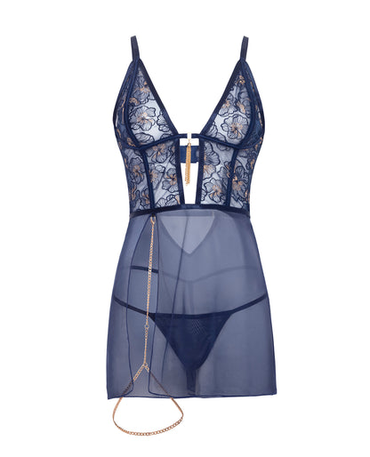 Bleu Floral Embroidered V-Plunge Babydoll w/Chain Tassel, Chain Garter, & G-String - Navy XL by Oh La La Cheri