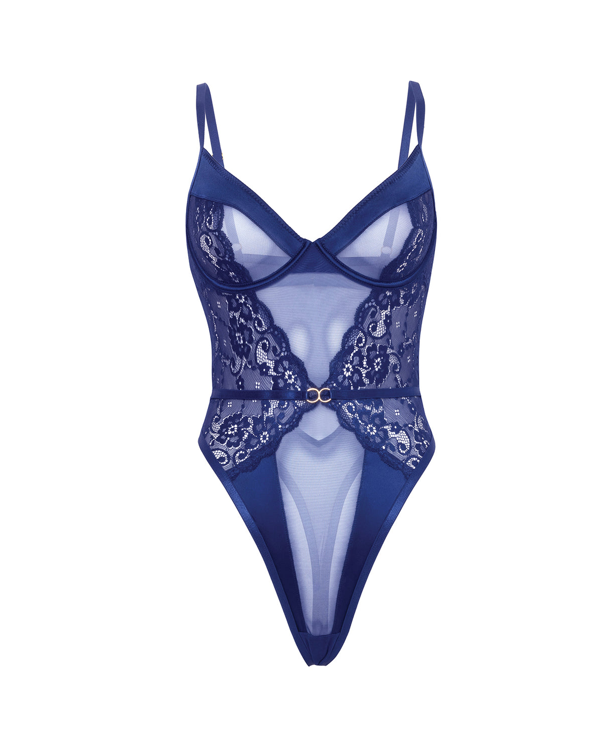 Doreen Lace & Mesh Unlined Underwire Teddy w/Double Ring Detail - Navy L/XL by Oh La La Cheri