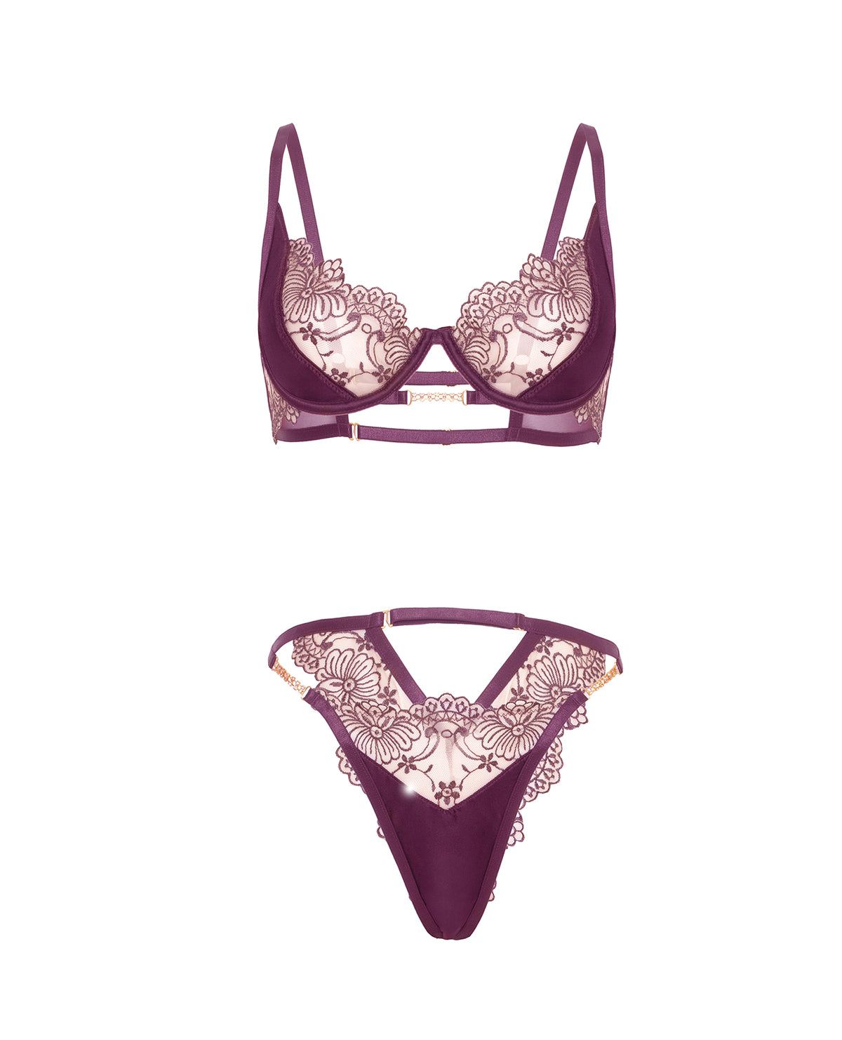 Loretta Floral Embroidered Unlined Underwire Bra & Panty w/Rhinestone Detail - Burgundy SM by Oh La La Cheri