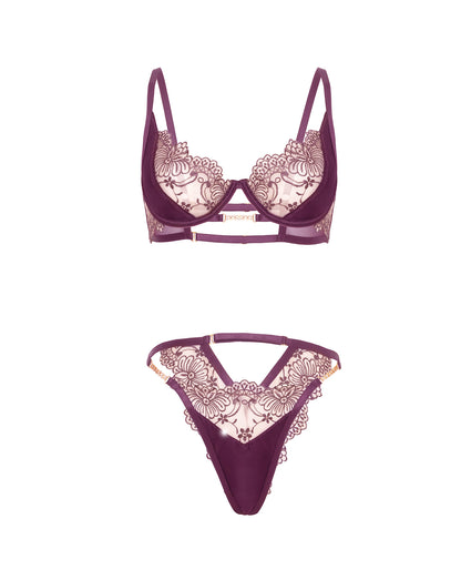 Loretta Floral Embroidered Unlined Underwire Bra & Panty w/Rhinestone Detail - Burgundy SM by Oh La La Cheri