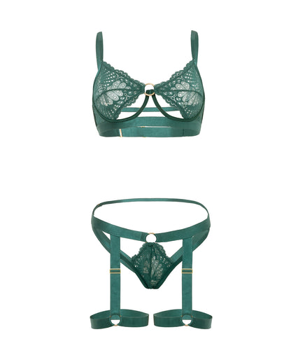 Darlene Unlined Underwire Lace 2 pc Set w/Gartered Panty & Straps - Green L/XL by Oh La La Cheri