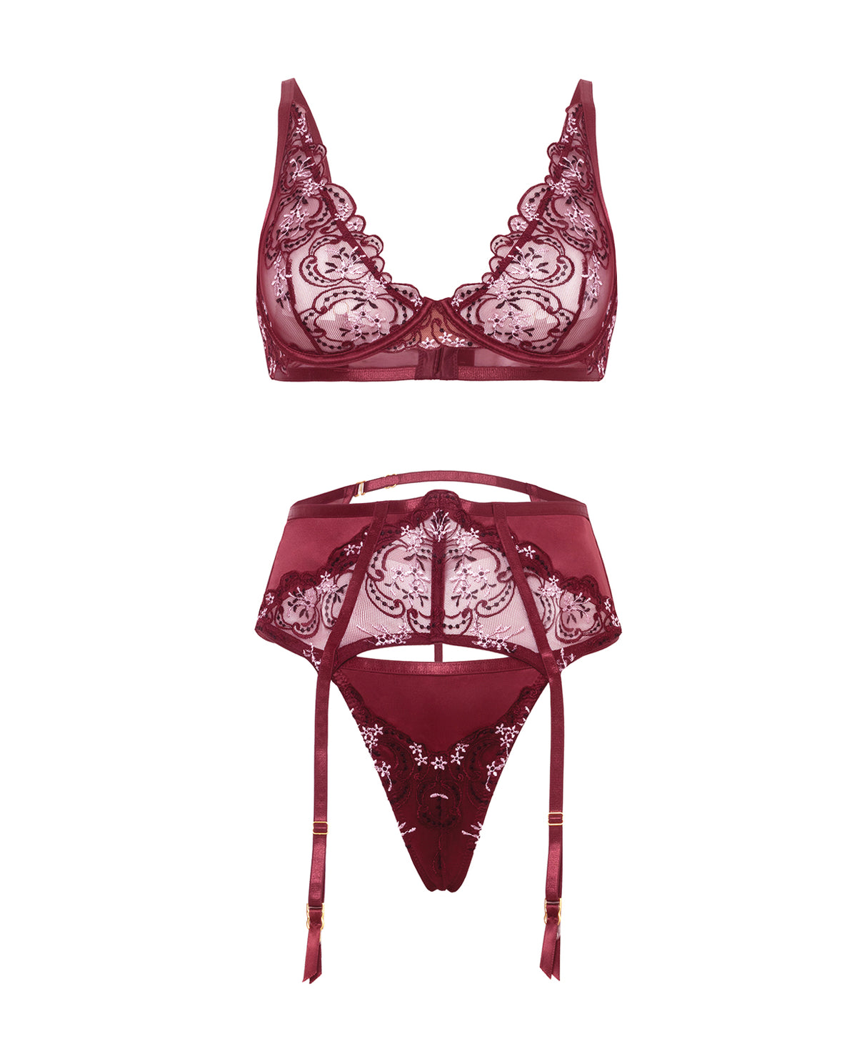 Eloise Floral Embroidered Unlined Underwire 3 pc Set - Burgundy MD by Oh La La Cheri