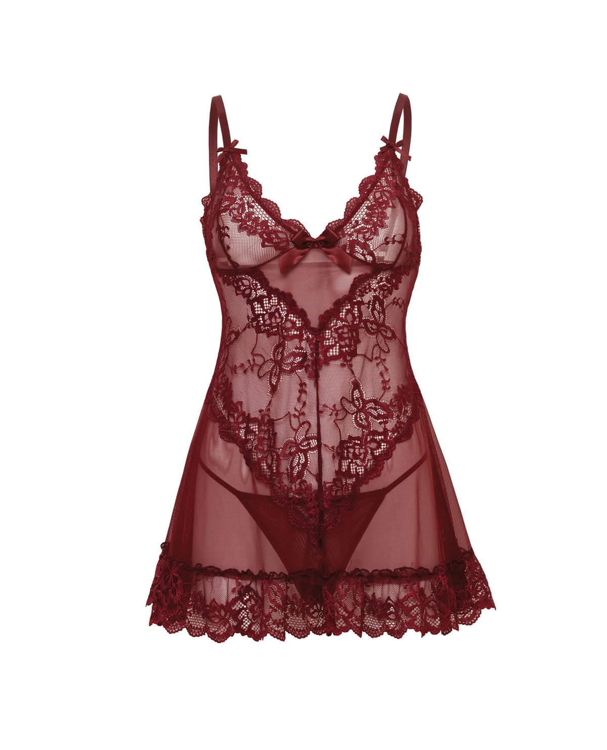 Valentine Lace Babydoll w/Bows & G-Sting - Zinfandel 1X/2X by Oh La La Cheri