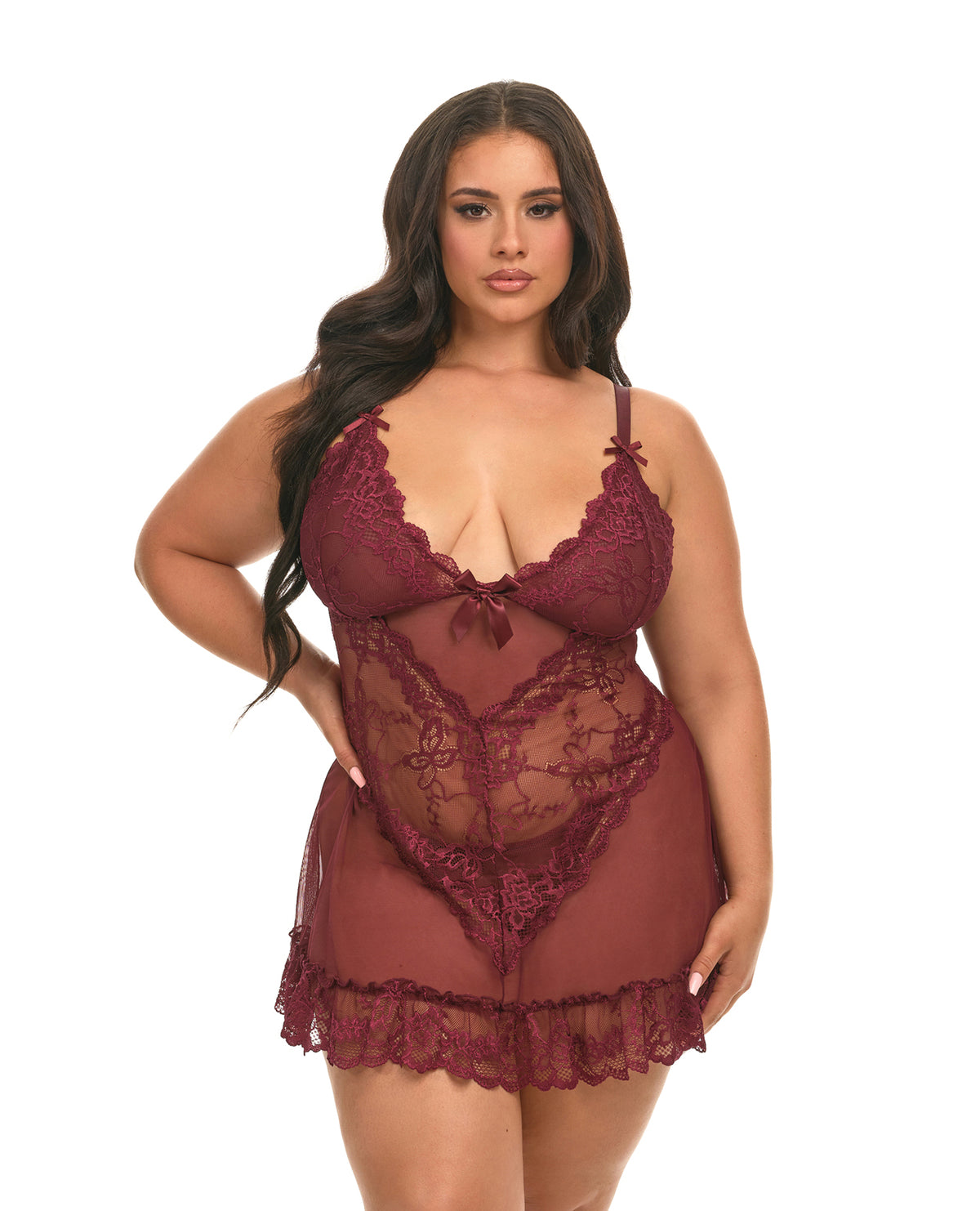 Valentine Lace Babydoll w/Bows & G-Sting - Zinfandel 3X/4X by Oh La La Cheri
