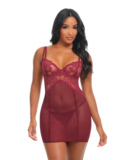 Marisol Unlined Underwire Lace & Mesh Babydoll - Zinfandel S/M by Oh La La Cheri