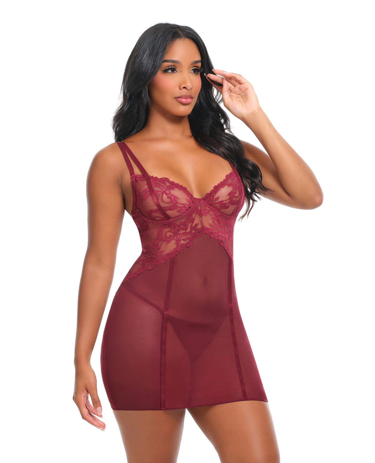 Marisol Unlined Underwire Lace & Mesh Babydoll - Zinfandel S/M by Oh La La Cheri