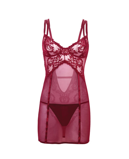 Marisol Unlined Underwire Lace & Mesh Babydoll - Zinfandel S/M by Oh La La Cheri