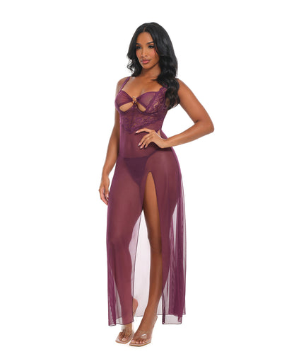 Antonella Lace Unlined Underwire Gown w/O-Ring Details - Burgundy MD by Oh La La Cheri