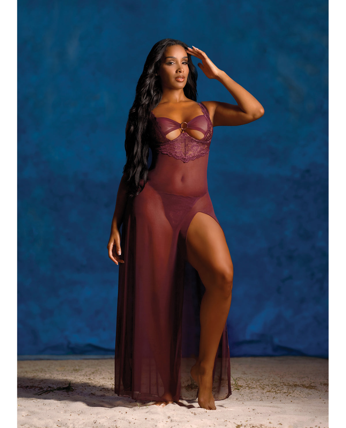 Antonella Lace Unlined Underwire Gown w/O-Ring Details - Burgundy MD by Oh La La Cheri