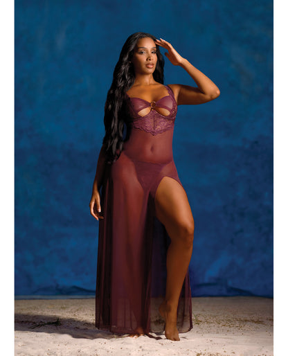 Antonella Lace Unlined Underwire Gown w/O-Ring Details - Burgundy MD by Oh La La Cheri