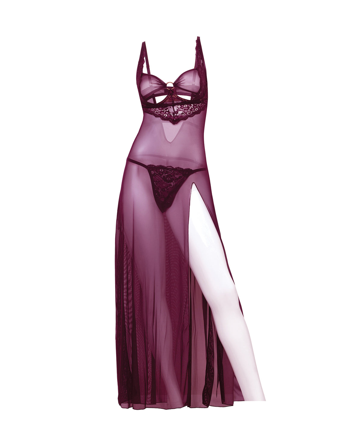 Antonella Lace Unlined Underwire Gown w/O-Ring Details - Burgundy LG by Oh La La Cheri