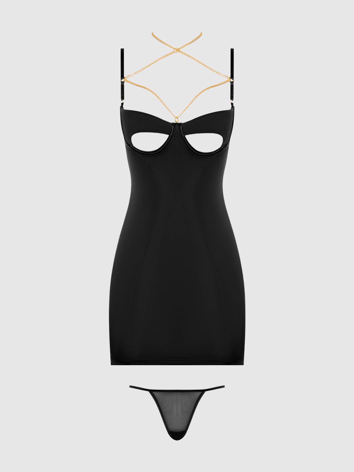 EVANGELINE SATIN & CHAIN CUTOUT CUP & OPEN BACK CHEMISE SET by House of Desire